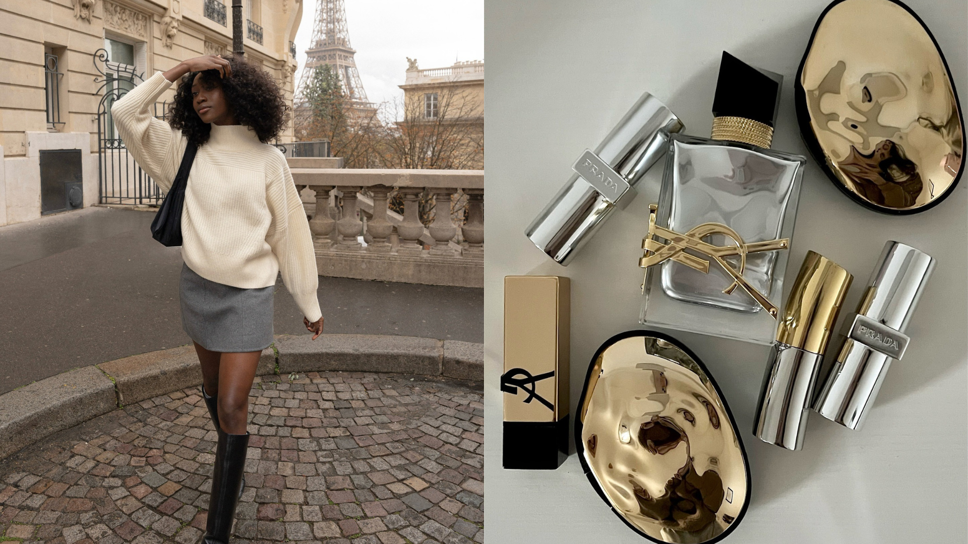 Photo collage of Emmanuelle Koffi in Paris fluffing her hair and YSL beauty products on a table 