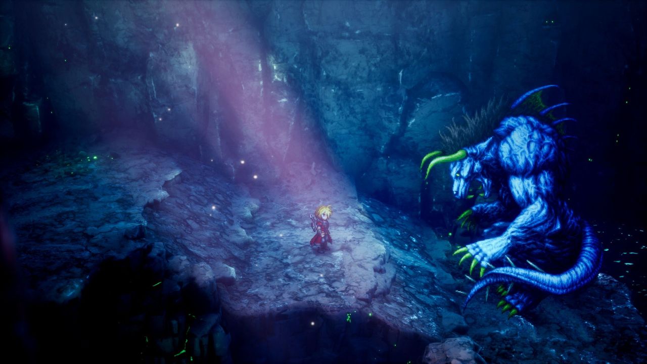 Screenshot from Final Fantasy Resonance, showing our pixel art main character facing a giant, horned monster with large claws in a dark dungeon.