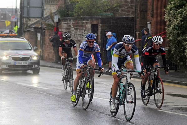 The five-rider breakaway is soon to be caught in Dumfries.