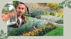 Collage of Michael Griffiths holding a jar to show his soil trick next to garden plants