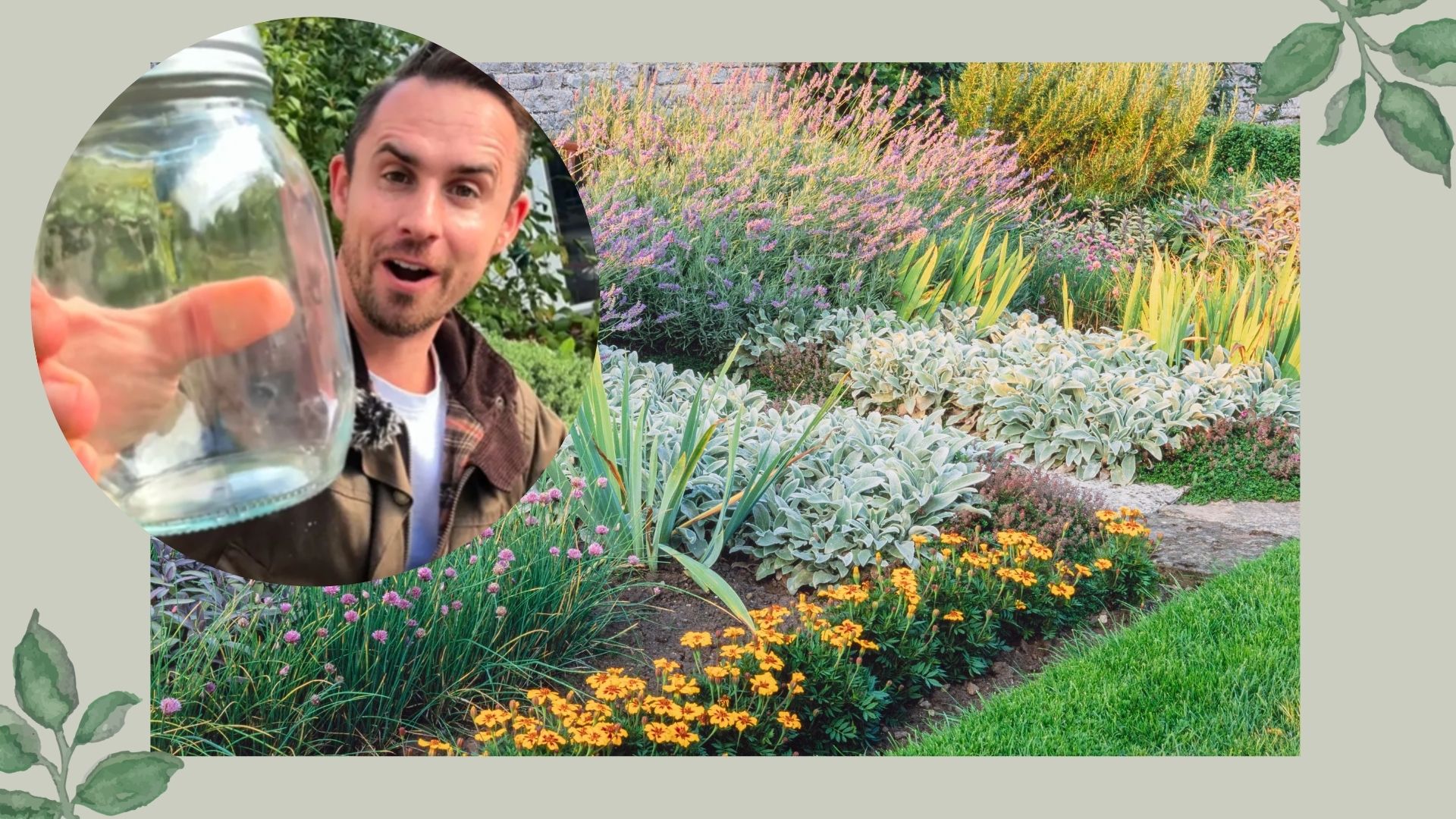 Collage of Michael Griffiths holding a jar to show his soil trick next to garden plants