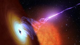 A purple glowing jet is released from a spinning black hole in space.