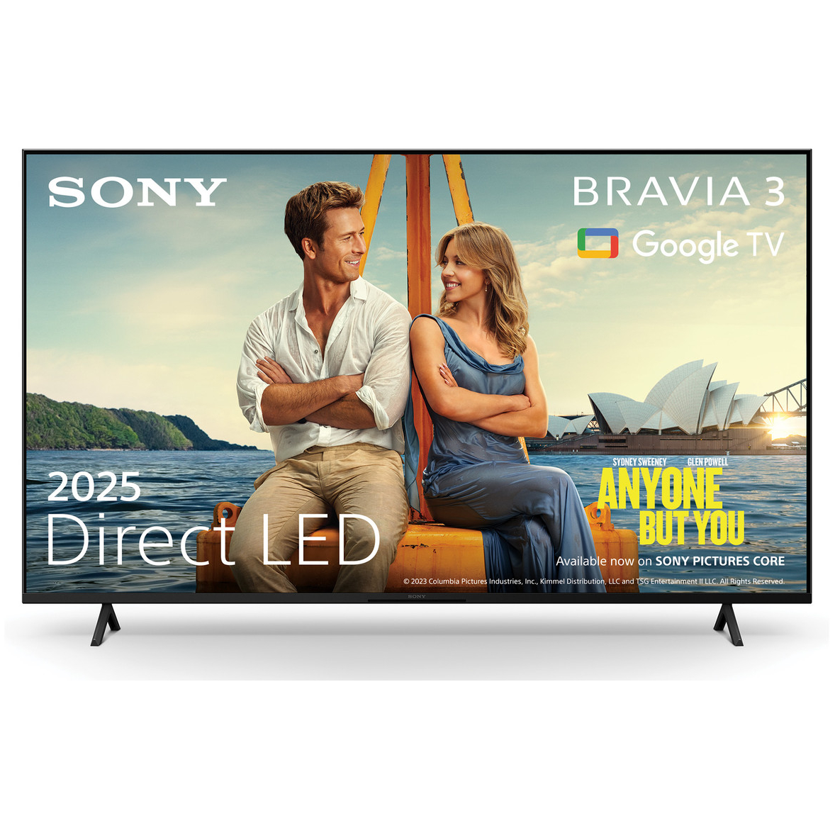 The 65-inch Sony Bravia 3 TV, pictured against a white background. On the screen is promo image for romantic comedy Anyone But You