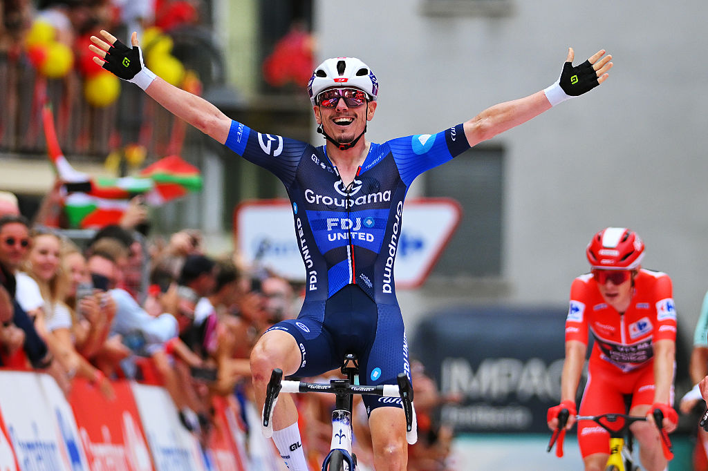 CERES, ITALY - AUGUST 25: (L-R) David Gaudu of France and Team Groupama - FDJ celebrates at finish line as stage winner during the La Vuelta - 80th Tour of Spain 2025, Stage 3 a 134.6km stage from San Maurizio Canavese to Ceres 704m / #UCIWT / on August 25, 2025 in Ceres, Italy. (Photo by Tim de Waele/Getty Images)