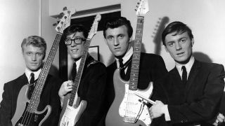 L to R: Jet Harris, Hank Marvin, Bruce Welch, Tony Meehan, posed, group shot, backstage, c.1960/1961