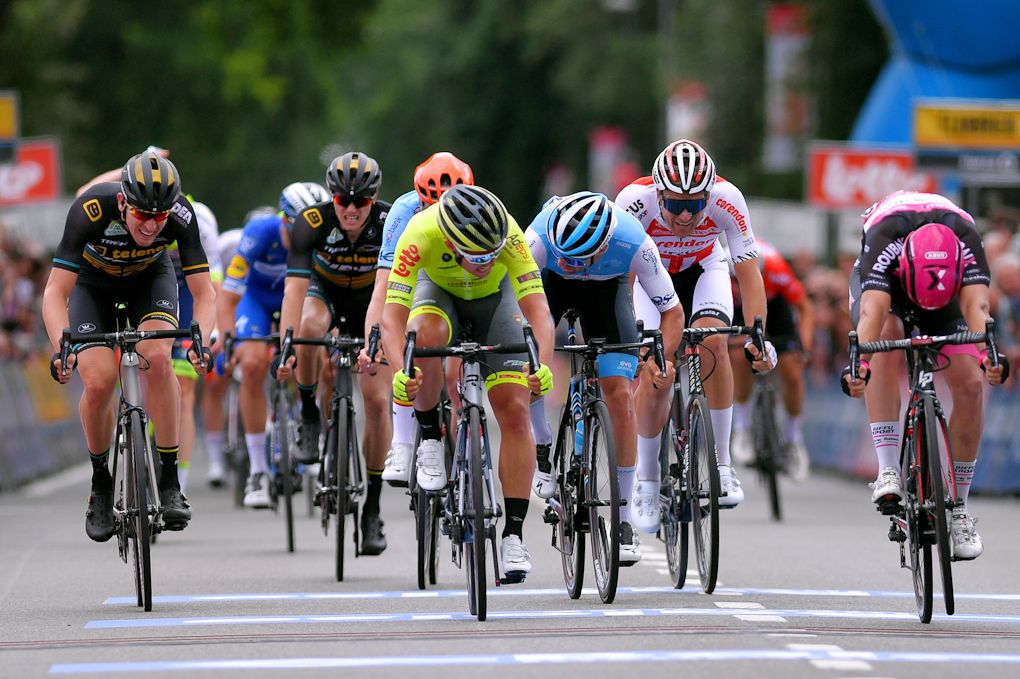 Sprinters bear down on the line during stage 5 at the Belgium Tour