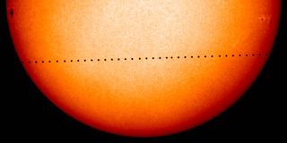 Mercury transits the sun as seen by the Solar and Heliospheric Observatory in 2006.