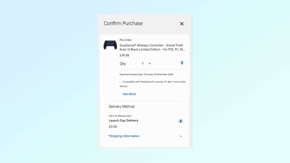 PlayStation Direct checkout screen for the GTA 6 DualSense controller
