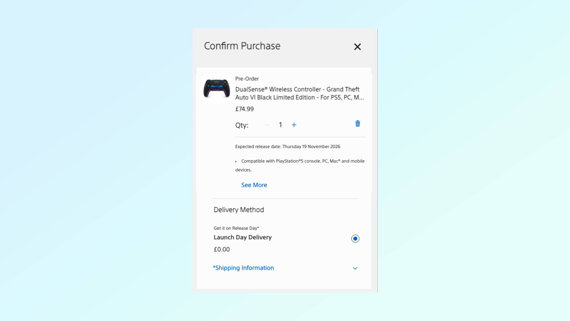 PlayStation Direct checkout screen for the GTA 6 DualSense controller
