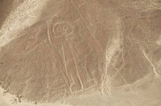 An aerial view of the geoglyph called "the astronaut," part of the Nazca Lines in Peru.