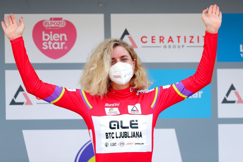 A RUA SPAIN SEPTEMBER 02 Marlen Reusser of Switzerland and Team Ale Btc Ljubljana celebrates winning the red leader jersey on the podium ceremony after the 7th Ceratizit Challenge By La Vuelta 2021 Stage 1 a 1187 stage from Estacin Invernal Cabeza de Manzaneda to A Rua ChallengeVuelta CERATIZITChallenge21 on September 02 2021 in A Rua Spain Photo by Gonzalo Arroyo MorenoGetty Images