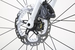 This is an image of a disc brake on a road bike wheel