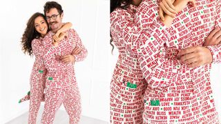 a man and a woman wearing matching red and white slogan pajamas for Valentine's Day