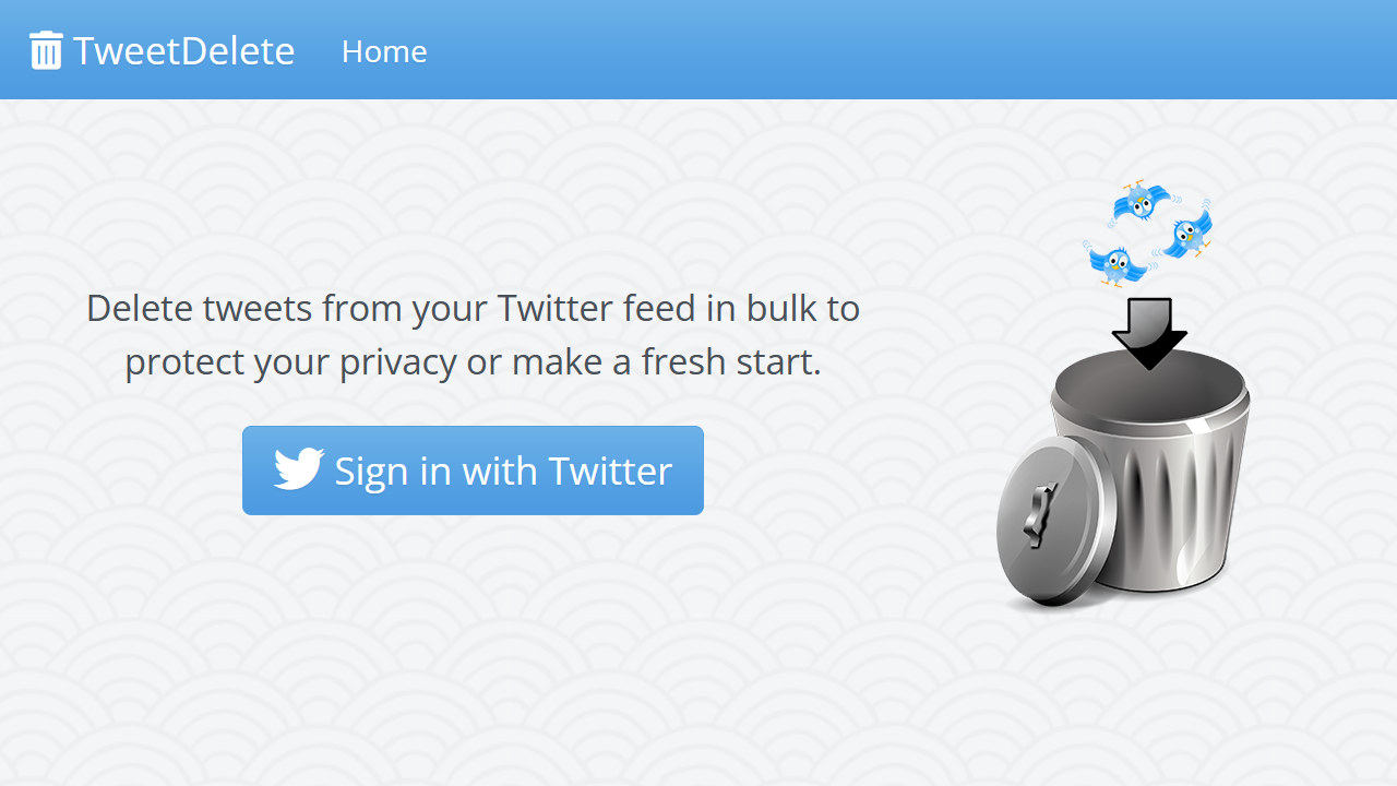 Captura de pantalla de la página de inicio de TweetDelete