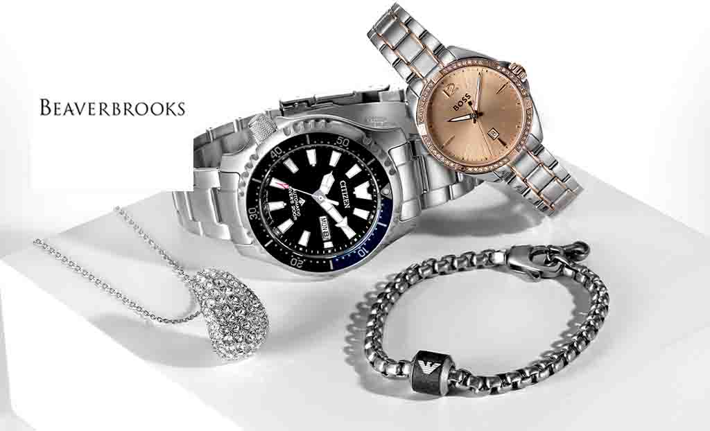 beaverbrooks logo top left with sliver jewellery and watches