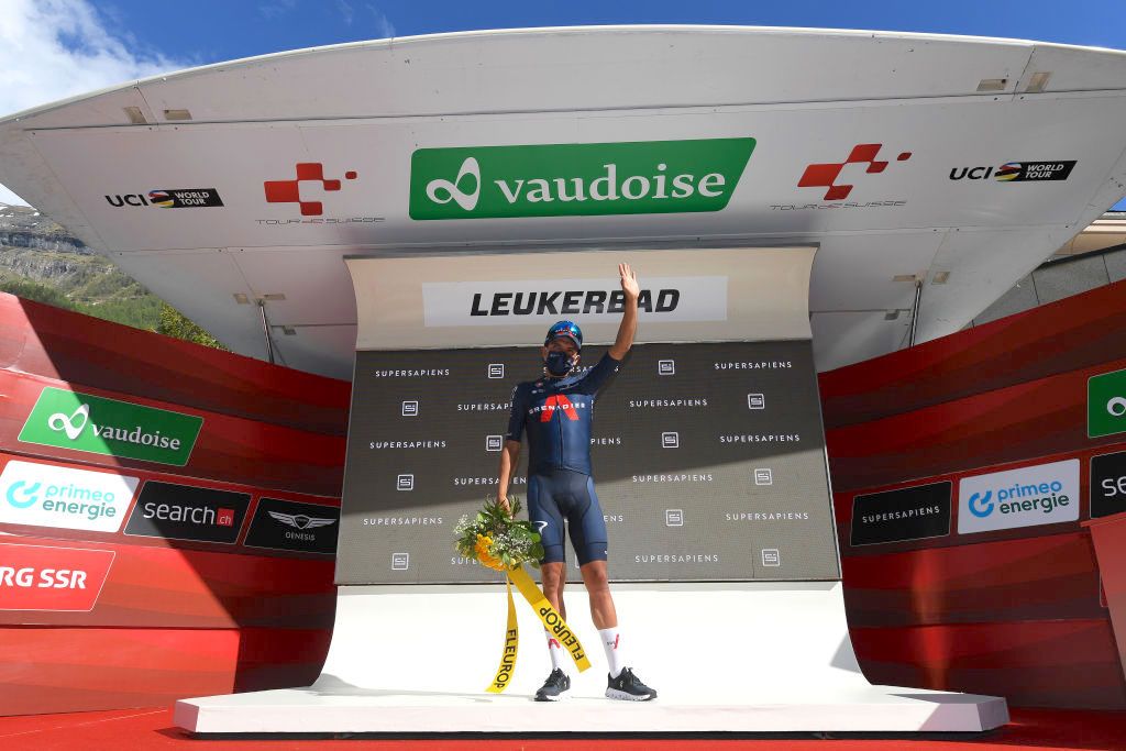 LEUKERBAD, SWITZERLAND - JUNE 10: Richard Carapaz of Ecuador and Team INEOS Grenadiers celebrates at podium during the 84th Tour de Suisse 2021, Stage 5 a 175,2km stage from Gstaad to Leukerbad 1385m / #UCIworldtour / @tds / #tourdesuisse / on June 10, 2021 in Leukerbad, Switzerland. (Photo by Tim de Waele/Getty Images)