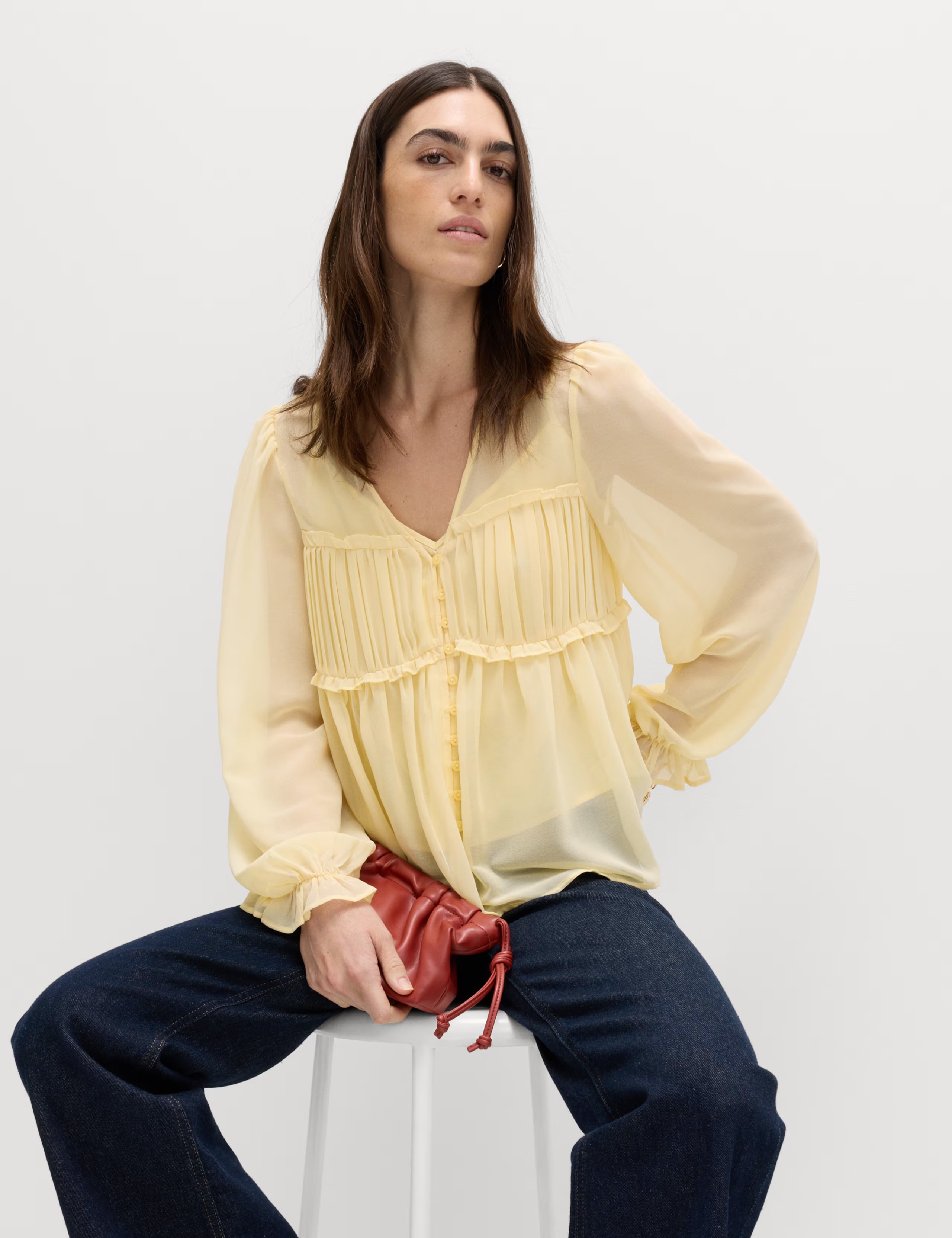 V-Neck Ruffle Detail Long Sleeve Blouse