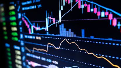 Close-up of a stock trader's monitor featuring candlesticks and moving averages