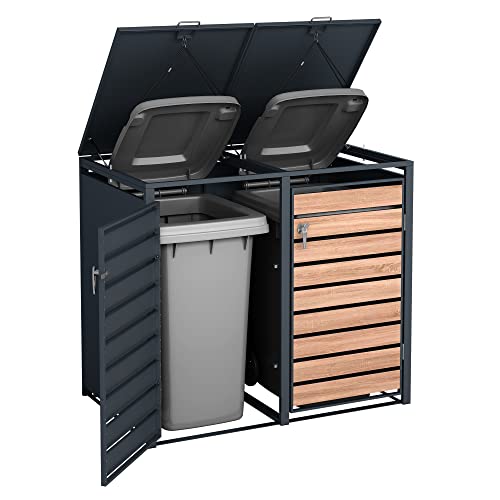 Dwd Garden Double Wheelie Bin Hideaway 120l,240l Waste Bin,storage Shed W/ Locking Doors Assisted Lift Up Lid Easy Use Outdoor Hygienic Dustbin Unit Cover Powdercoated Steel Matt Grey With Oak Doors : Amazon.co.uk: Garden