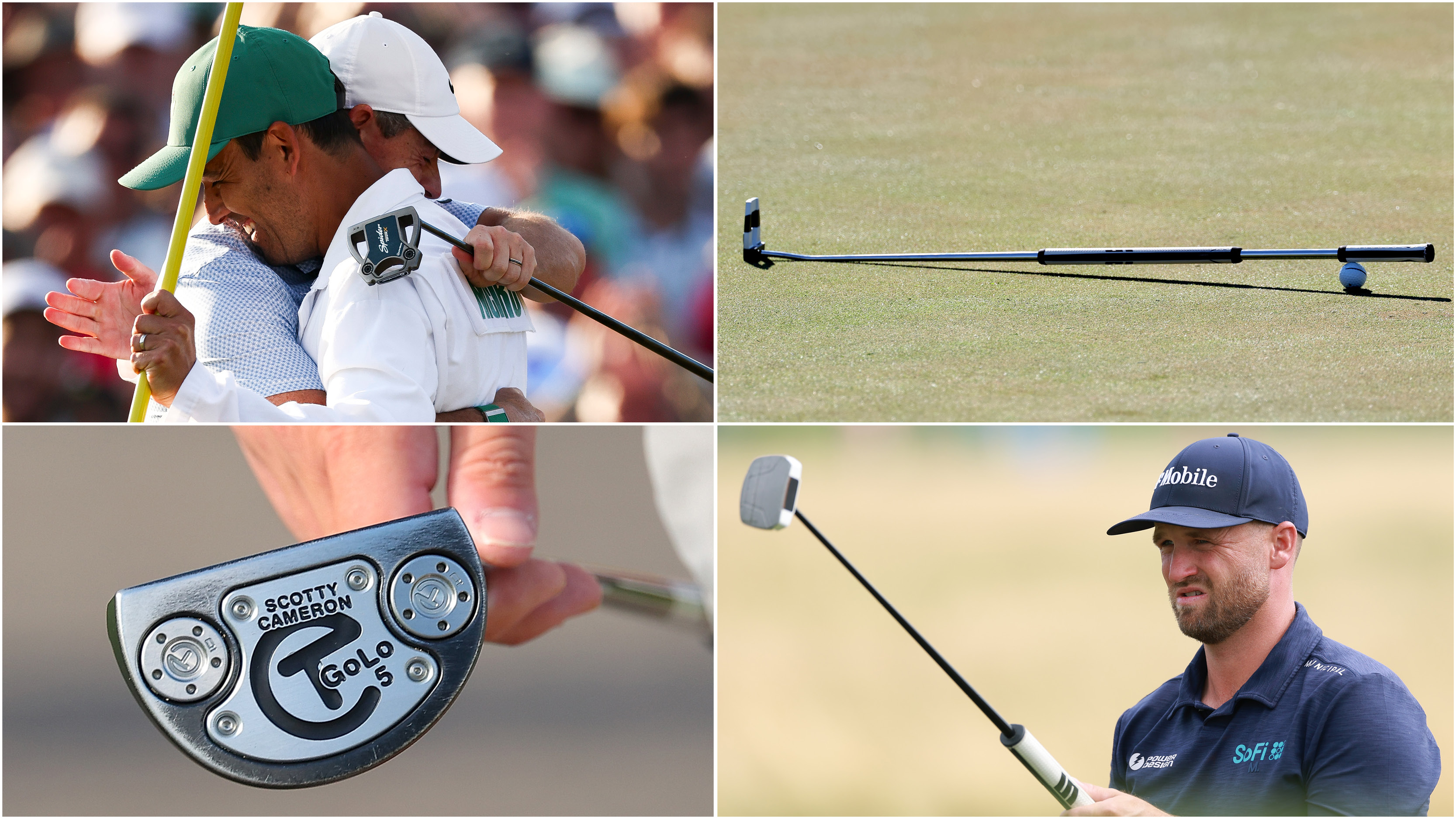 Rory McIlroy hugs his caddie, Wyndham Clark lines up a putt, with a close up of a Scotty Cameron and Odyssey putter