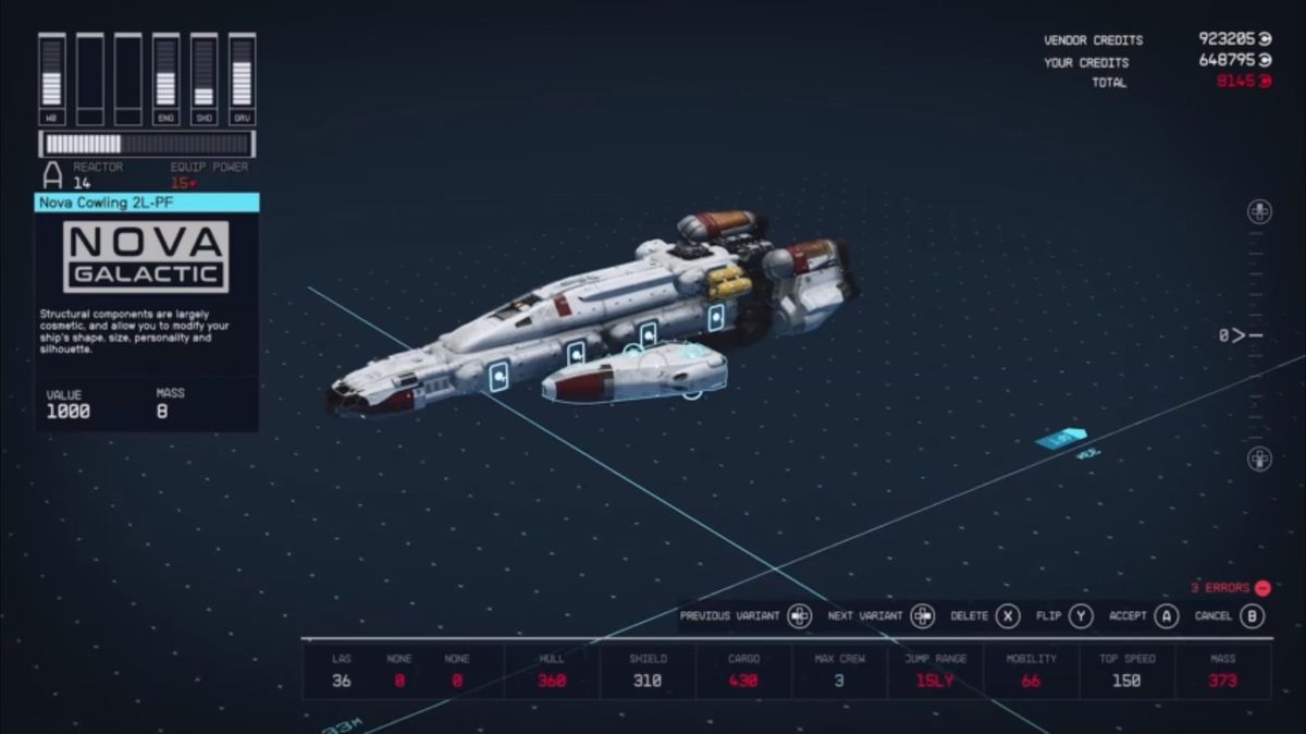 Starfield's shipbuilding tool screens and customisation