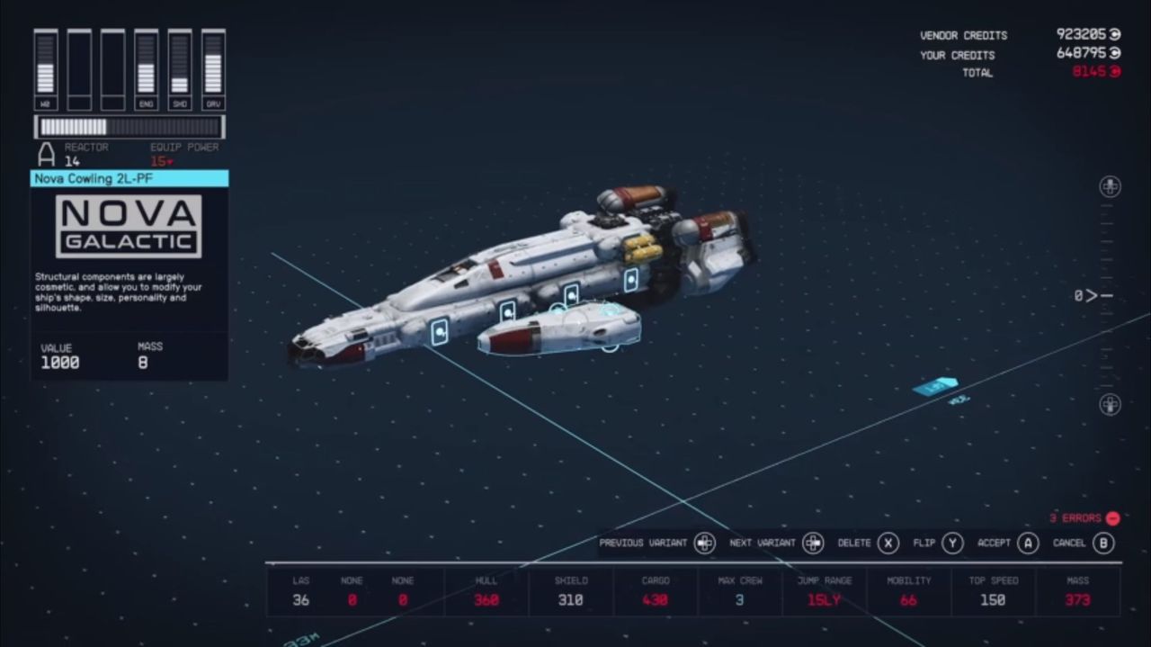 Starfield's shipbuilding tool screens and customisation