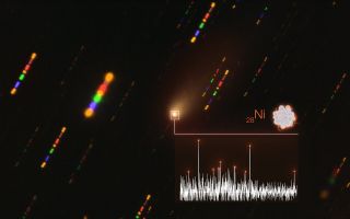 The detection of nickel (Ni) in the fuzzy atmosphere of the interstellar comet 2I/Borisov is illustrated here, with the spectrum of light of the comet on the bottom right superimposed on a real image of the comet taken with ESO's Very Large Telescope in 2019. The lines of nickel are indicated by orange dashes.