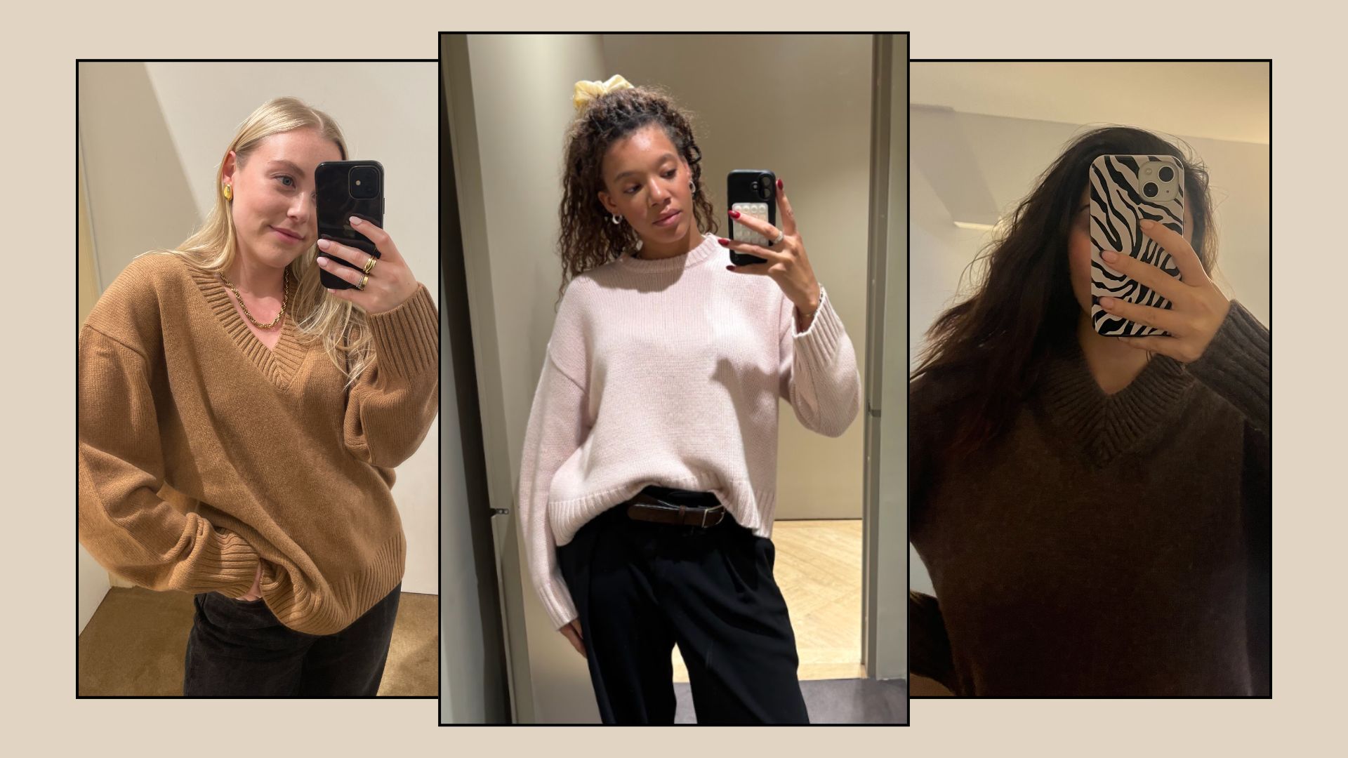 Woman wears camel v-neck jumper; woman wears pink crew neck jumper; woman wears v-neck jumper