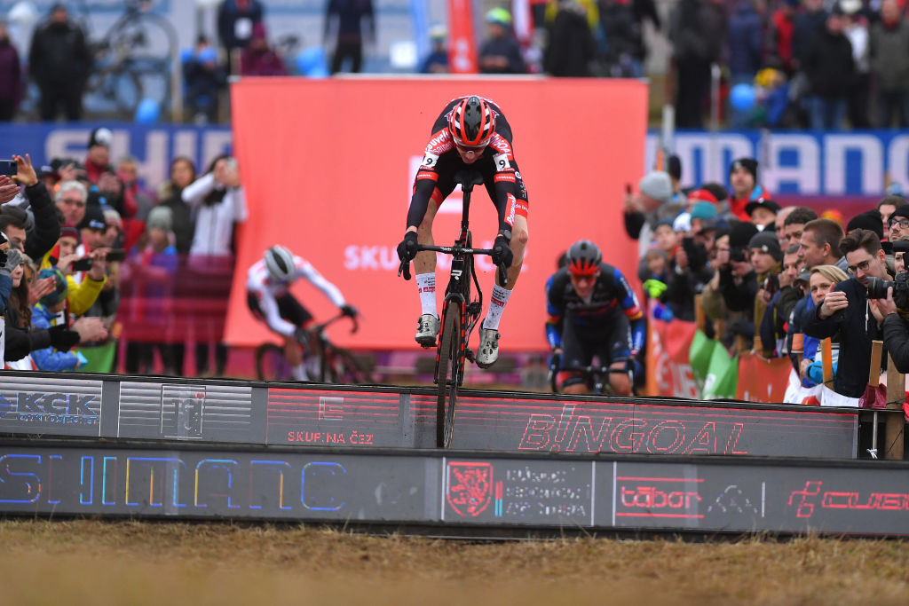 TABOR CZECH REPUBLIC NOVEMBER 14 Michael Vanthourenhout of Belgium and Team Pauwels Sauzen Bingoal jumps during the 25th Tabor UCI CycloCross Worldcup 2021 Mens Elite CXWorldCup on November 14 2021 in Tabor Czech Republic Photo by Luc ClaessenGetty Images