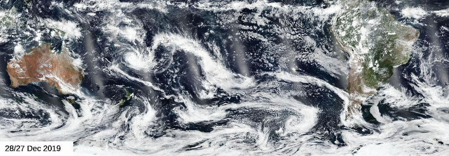 Imagery from the Visible Infrared Imaging Radiometer Suite (VIIRS) on the NASA-NOAA Suomi NPP satellite shows a cloud of brown smoke spreading across the ocean from Australia’s east coast.