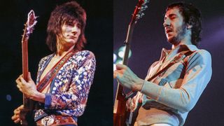 LEFT: Rod Stewart (cropped out) and Ron Wood perform at Boston Garden May 1973, Boston Massachusetts. RIGHT: Songwriter and guitarist Pete Townshend performs with The Who at the Omni Coliseum on November 27, 1973 in Atlanta, Georgia. 