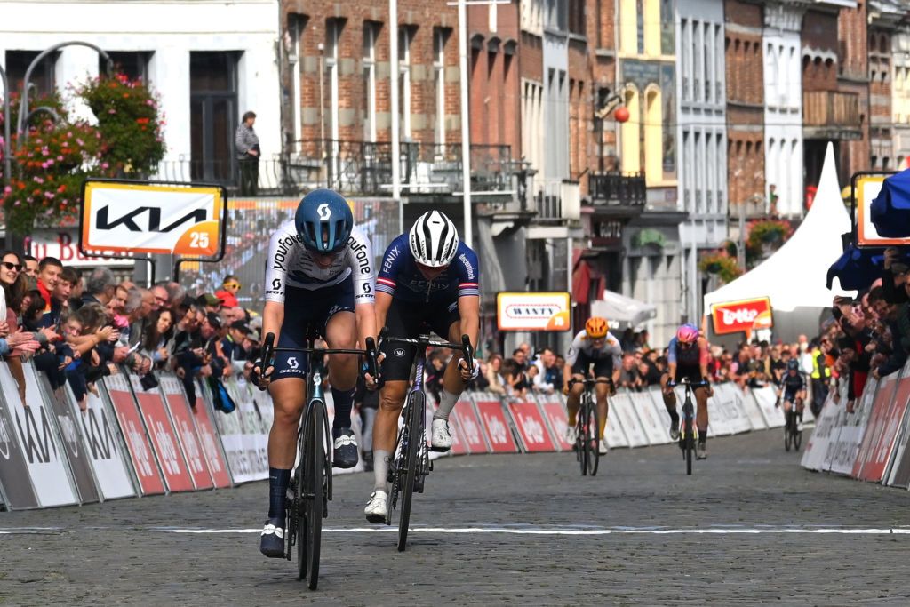 BINCHE BELGIUM OCTOBER 03 LR Race winner Pfeiffer Georgi of Great Britain and Team DSMFirmenich and Christina Schweinberger of Austria and Team FenixDeceuninck sprint at finish line during the 3rd Binche Chimay Binche pour Dames 2023 a 1172km one day race from Chimay to Binche UCIWWT on October 03 2023 in Binche Belgium Photo by Luc ClaessenGetty Images