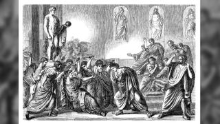 A 19th-century engraving of the assassination of Julius Caesar in the Roman senate.