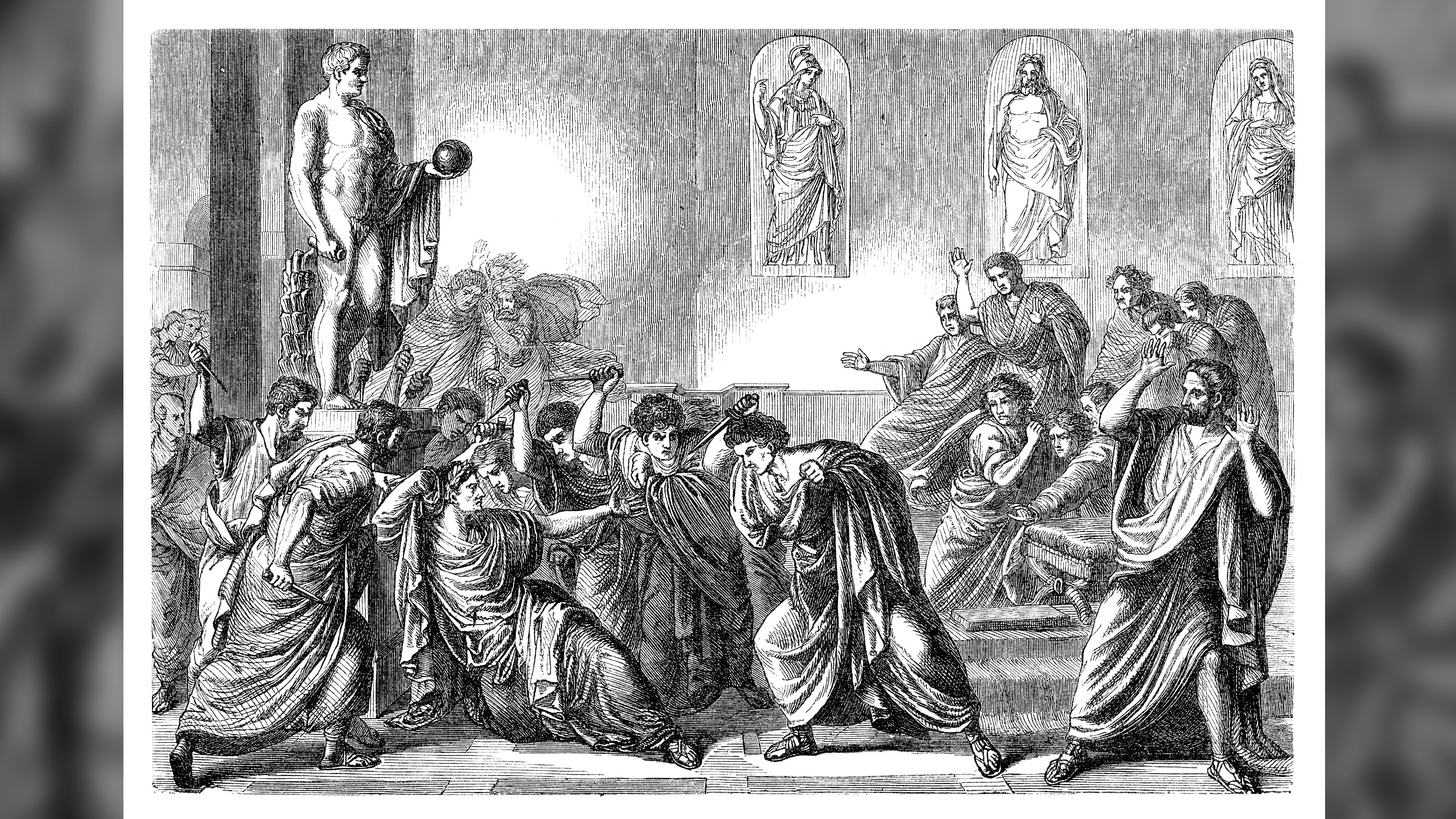 A 19th-century engraving of the assassination of Julius Caesar in the Roman senate.