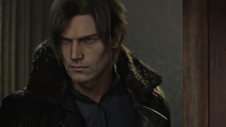 A close-up of Leon, frowning in a big black coat, in Resident Evil Requiem