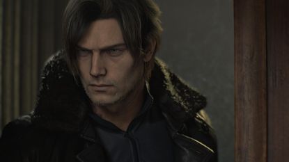 A close-up of Leon, frowning in a big black coat, in Resident Evil Requiem