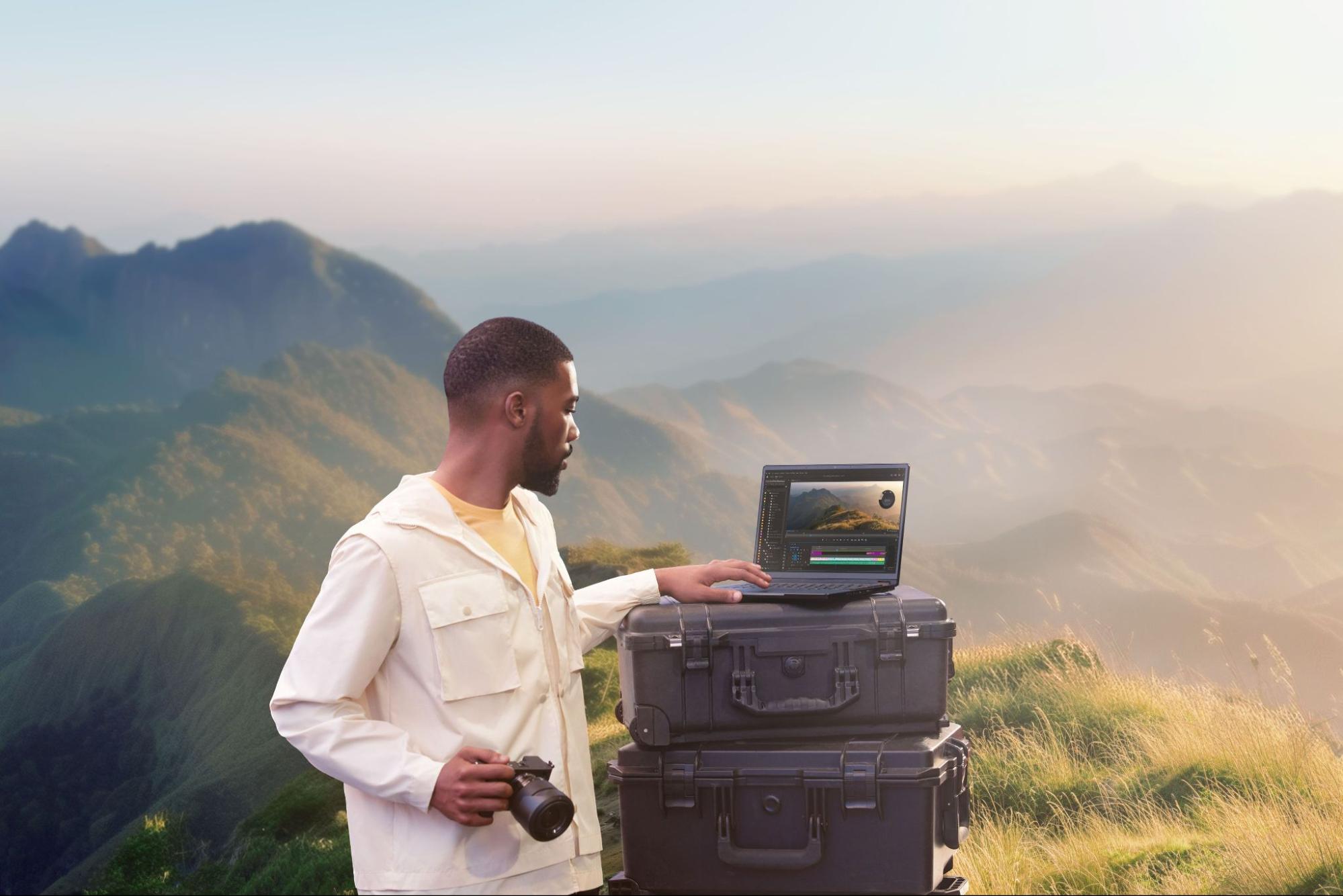 Photographer using ASUS ProArt PX13 outside on a photoshoot