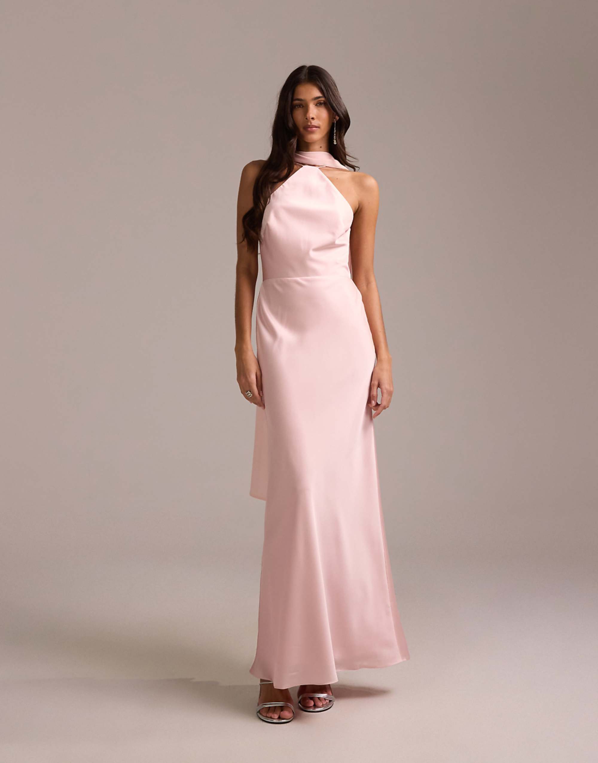 Asos Design Bridesmaids Halter Neck Satin Maxi Dress With Scarf Detail in Pink