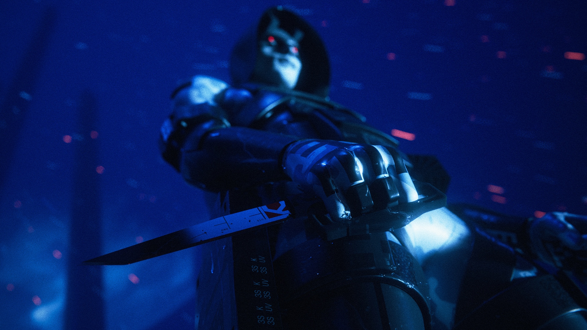Assassin holding a knife beneath a dark sky in Marathon
