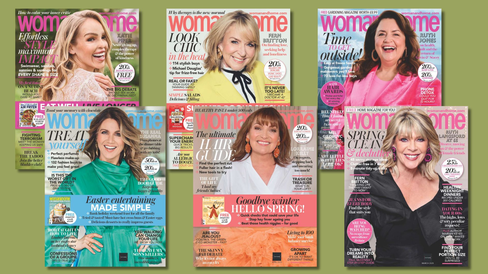 woman&amp;home magazine covers for the Aug-March 2025 issues, featuring Katy Piper, Fern Britton, Ruth Jones, Susanna Reid, Lorraine Kelly, and Ruth Langsford