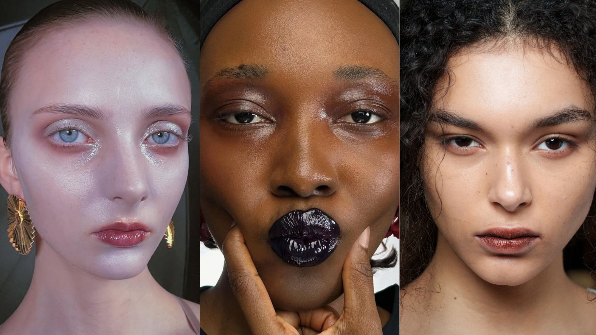 A collage of runway and content creator photos of the subjects wearing no-mascara makeup looks.
