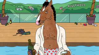 BoJack Horseman with his shirt open while drinking a beer in the pool. The Hollywood sign is behind him in the distance.