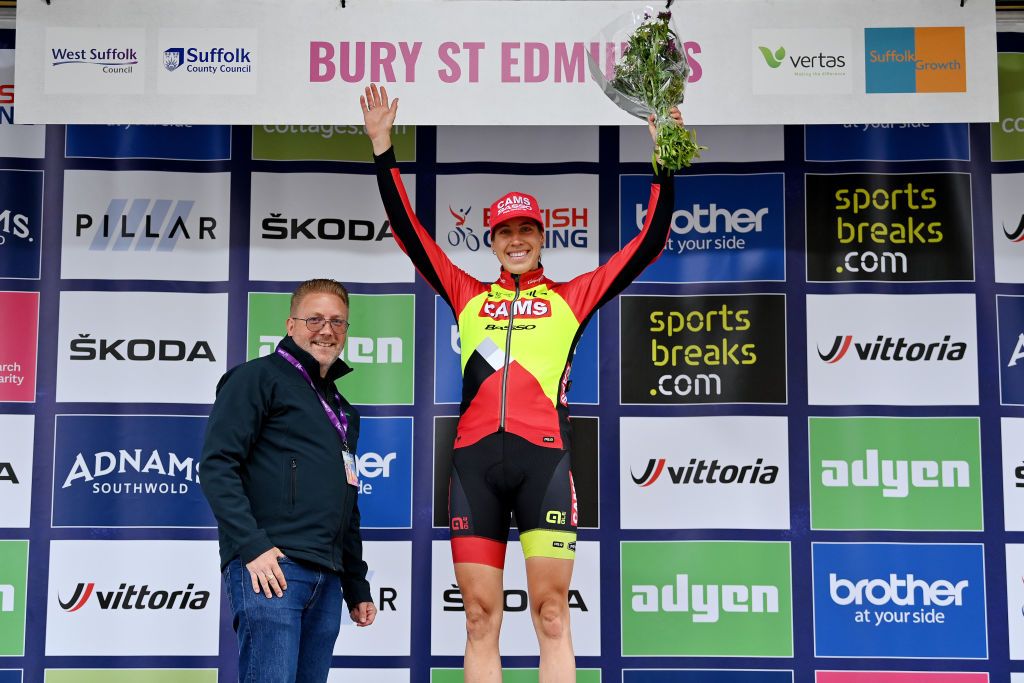 BURY ST EDMUNDS ENGLAND JUNE 06 Danni Shrosbree of United Kingdom and Team Cams Basso celebrates winning the Combativity Award on the podium ceremony after the 8th The Womens Tour 2022 Stage 1 from Colchester to Bury St Edmunds WomensTour UCIWWT on June 06 2022 in Bury St Edmunds England Photo by Justin SetterfieldGetty Images