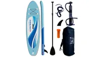 M.Y. PointBreak 10' Paddle board in blue with wave detail, plus accessories including oar, fin, carry sack