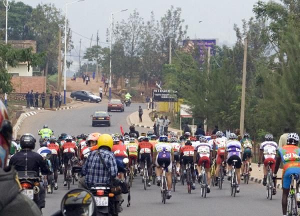 The Tour of Rwanda peloton early in stage four.