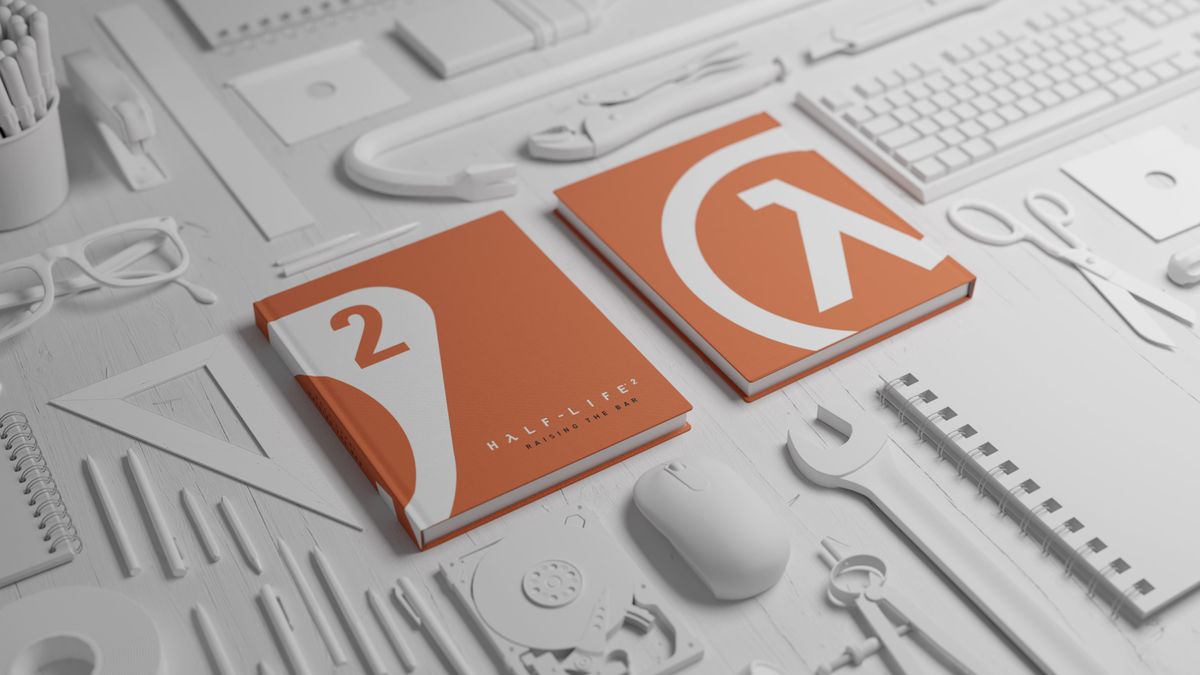 Render of the new Half-Life 2: Raising the Bar art book, with an orange cover featuring a zoomed-in Lambda symbol spread over the front, back, and spine, all in a field of bone-white office supplies neatly arranged in a grid.