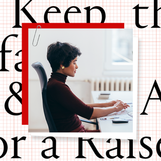 A collage art of a photo of a woman in business attire sitting at the desk with a computer. In the background, there are text saying "keep the faith" and "Ask for a raise"