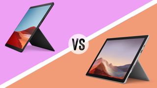 Against an orange and pink background, we pit the Surface Pro 7 vs Surface Pro 8