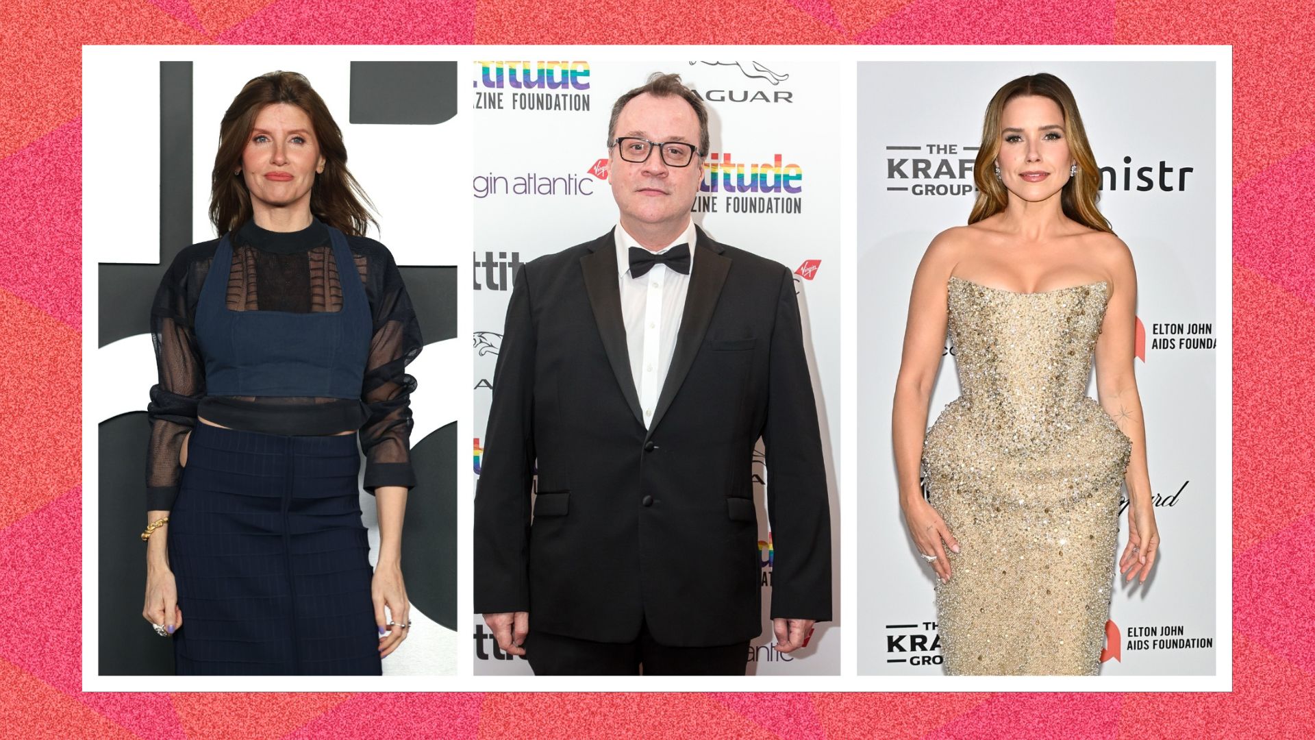 an image of three pictures spliced together showing (from L-R) Sharon Horgan, Russell T Davies, and Sophia Bush at various red carpet events
