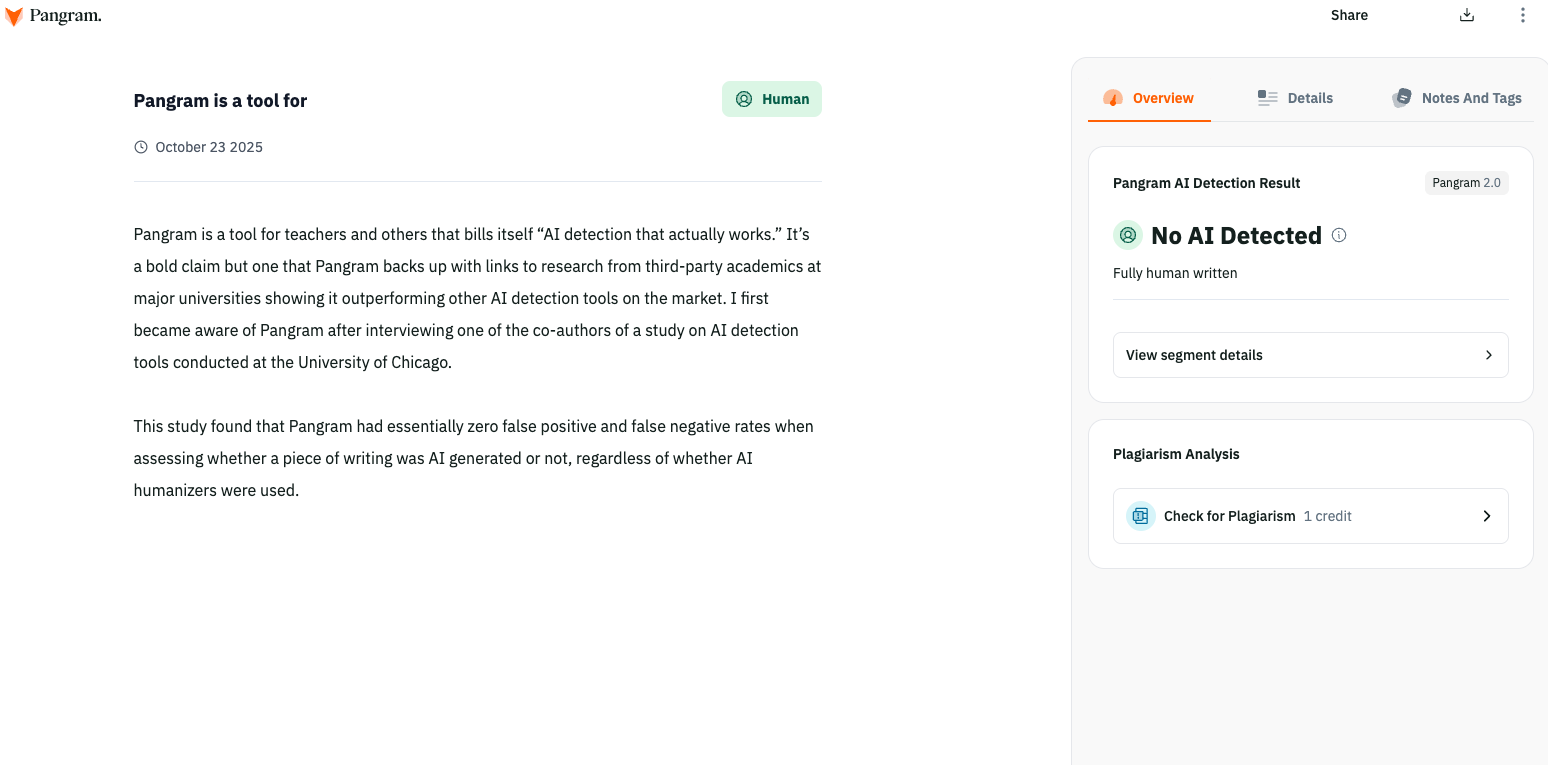 A screenshot from the Pangram website.